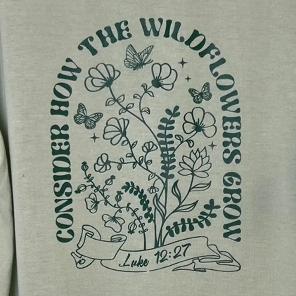 New Hand Printed Mens XL Consider How The Wildflowers Grow Short Sleeve T Shirt - Picture 2 of 6